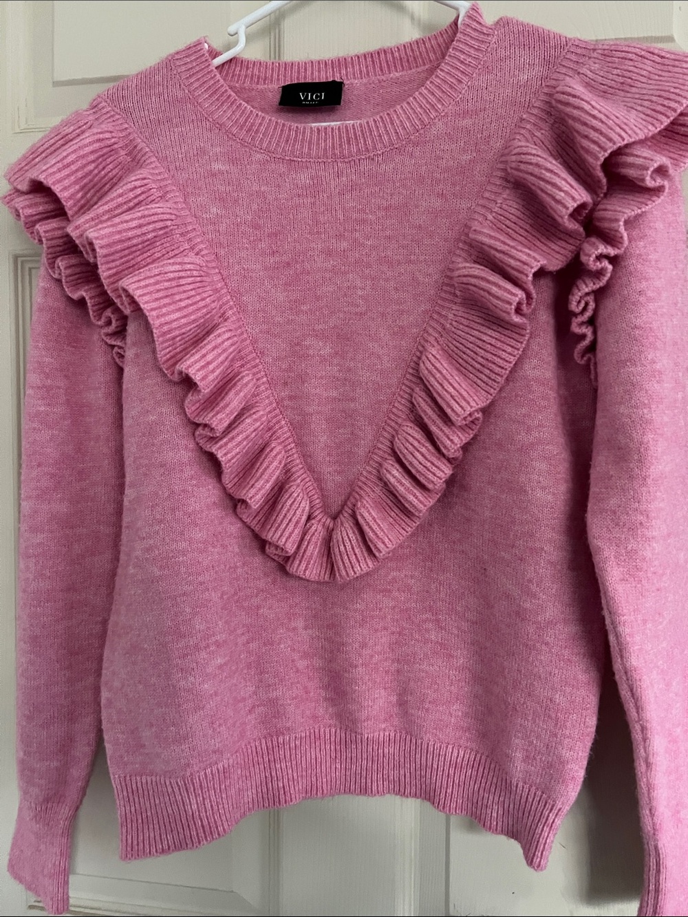 Vici Rose Pink Ruffle V-Front Crew Sweater